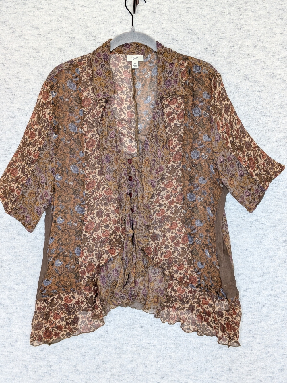 J. Jill Silk Brown Floral Ruffle Front Blouse Blue Purple Floral Accents Sz XL